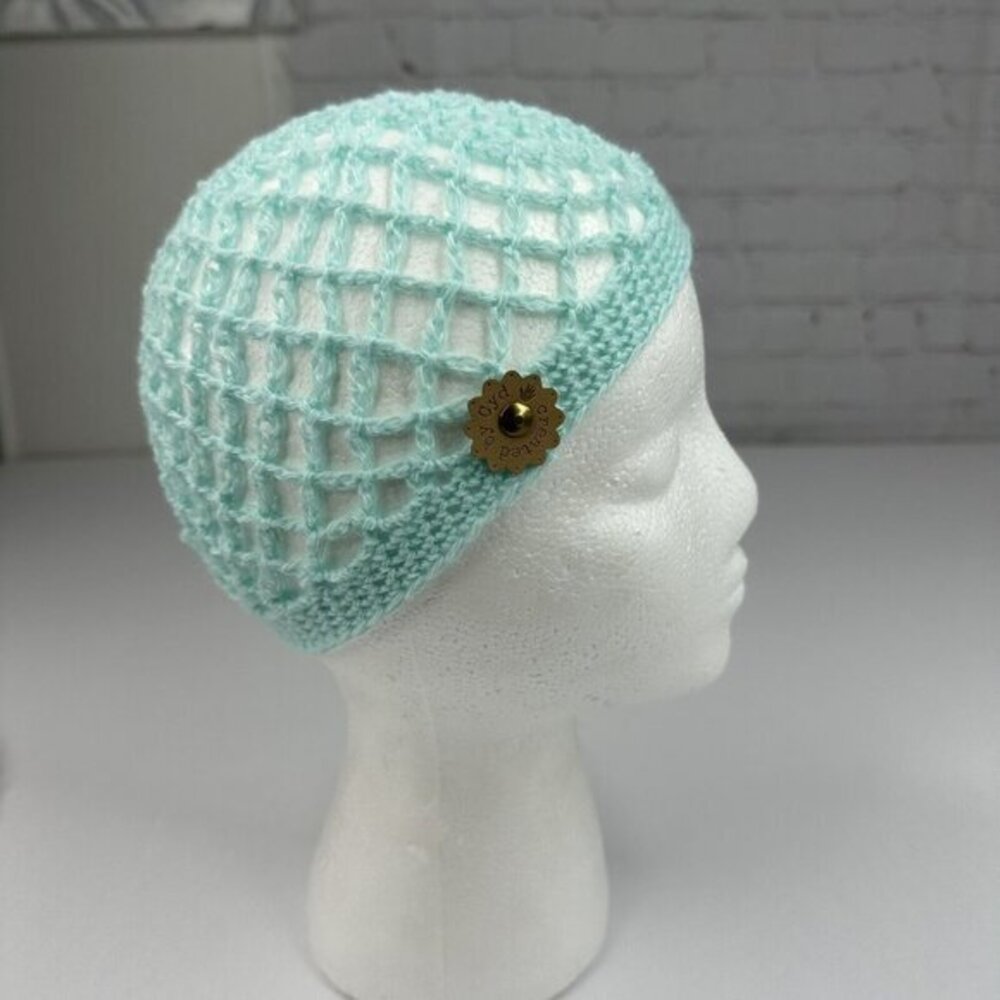 Handmade by Cyd Mint Green Crochet Cotton Mesh‎ Skull Cap Beanie Hat Boho NEW